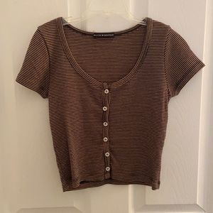 brandy melville brown and navy stripped button up short sleeve sweater shirt